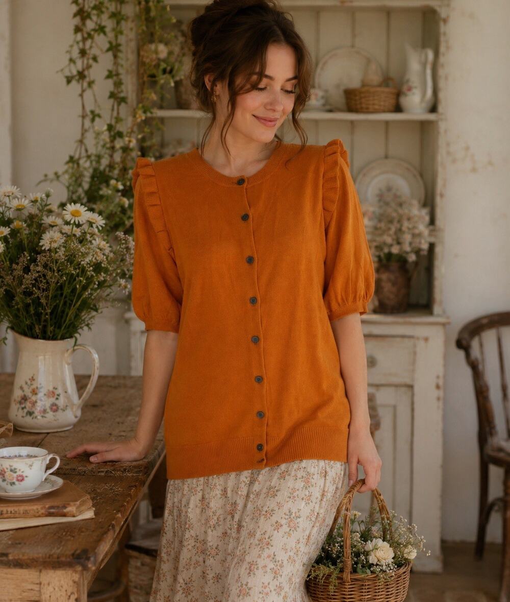 Boden Orange Puff Short Sleeve Cardigan Sweater Cottagecore Preppy Size 8